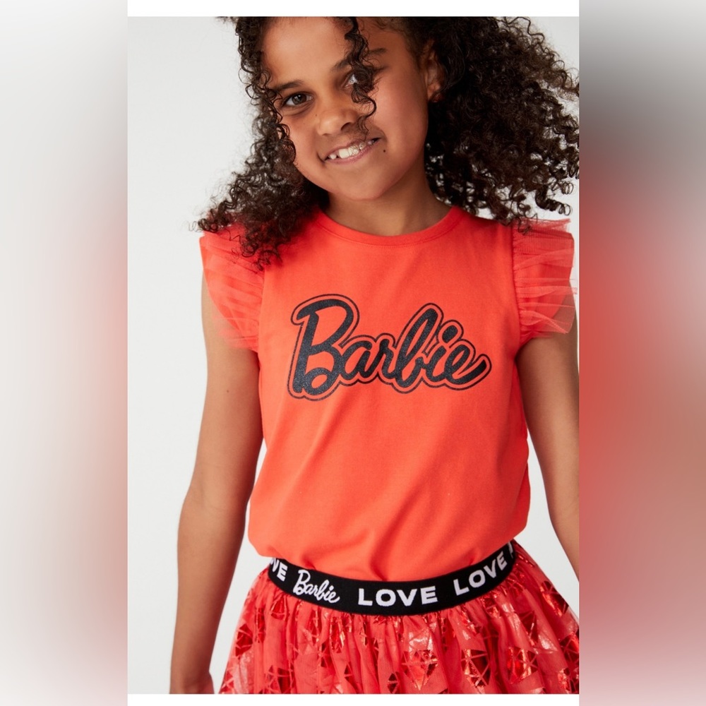 NEW Cotton On Kids x Barbie Extra Reddish Orange and Black Tulle Sleeve Shirt